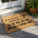a textured area rug with a humorous message printed on it.