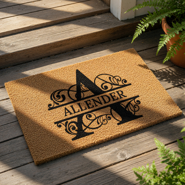 A decorative letter 'A' on a beige mat with the text "ALLENDER" below it.