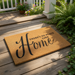 a textured area rug with the phrase "There's no place like home" printed on it.