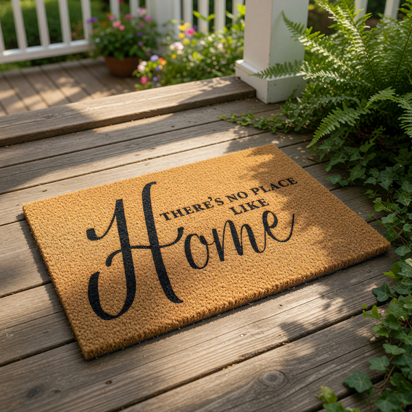 a textured area rug with the phrase "There's no place like home" printed on it.