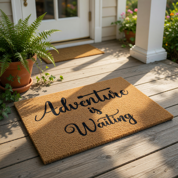 A textured doormat with the phrase "Adventure is Waiting" printed on it.