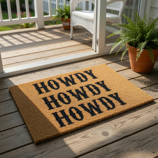 doormat, doormats, funny doormat, funny doormats, welcome mat, door mat, howdy doormat, housewarming gift, front door mat, western doormat, cowboy doormat, coir doormat, howdy welcome mat