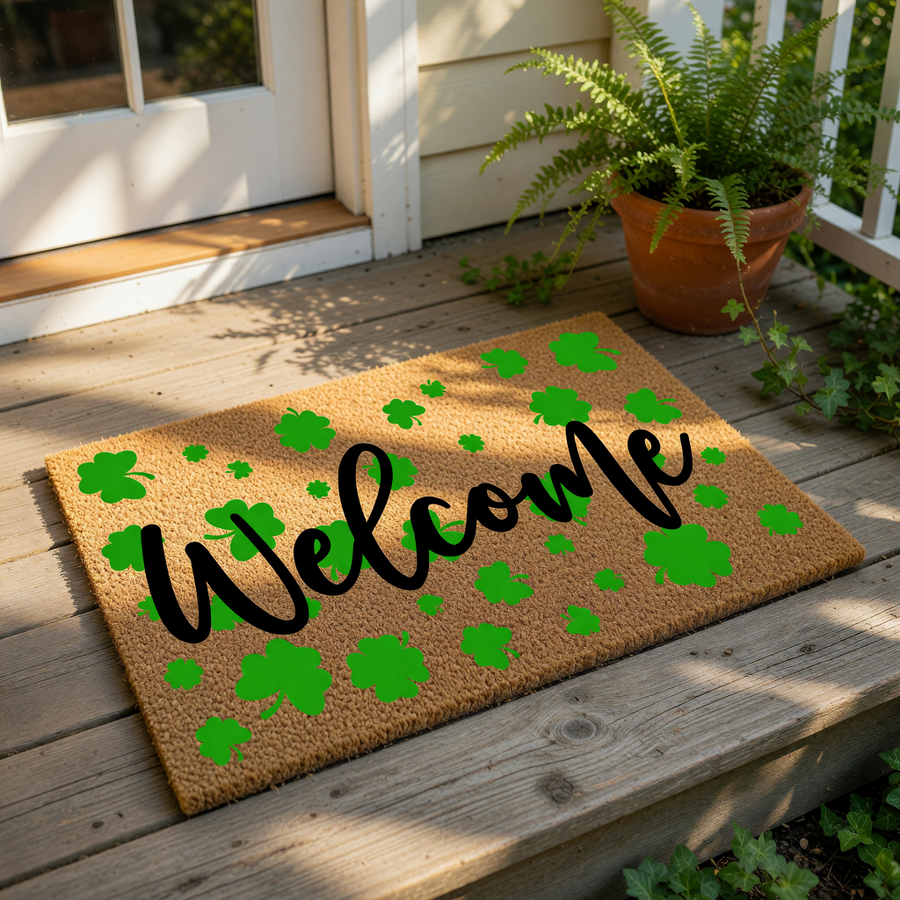 a welcome mat with the word "Welcome" written on it, surrounded by green shamrocks.