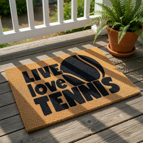 A door mat with the text "LIVE LOVE TENNIS" printed on it, along with a tennis ball graphic.