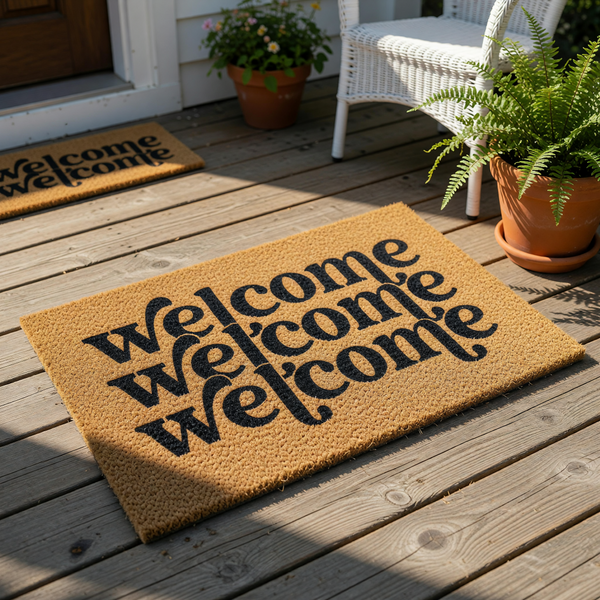 A textured doormat with the phrase "Welcome" repeated in a decorative font.