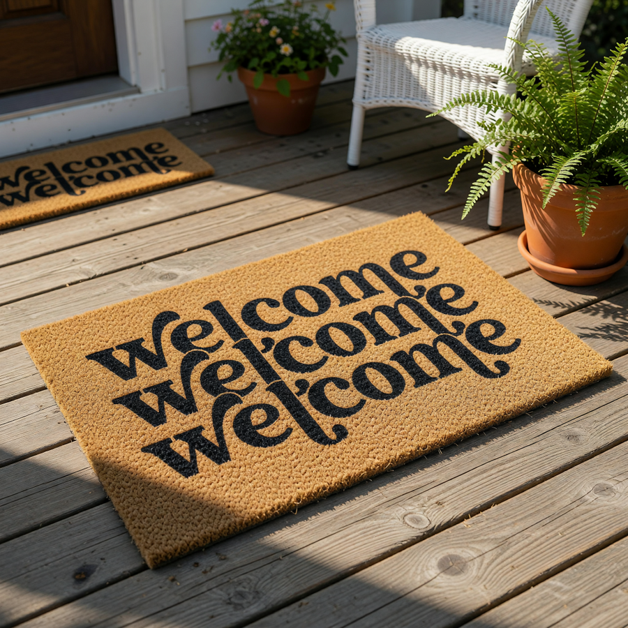 A textured doormat with the phrase "Welcome" repeated in a decorative font.