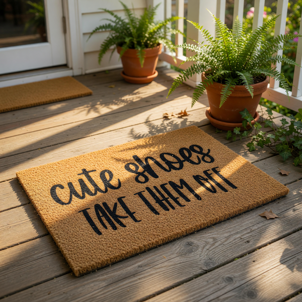 A textured doormat with the phrase "cute shoes take them off" printed on it.