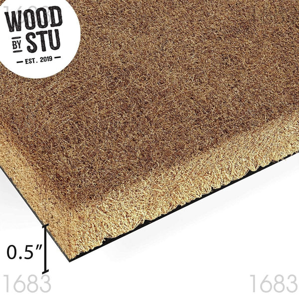 a close-up of a straw mat or straw-like material, with the text "WOOD BY STU" prominently displayed above it.