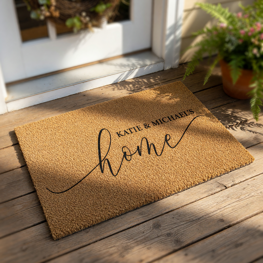 A textured, beige-colored doormat with the text "ART & SAMANTHA'S home" printed on it.
