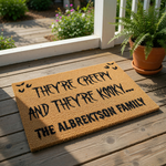a textured area rug with a humorous message printed on it.