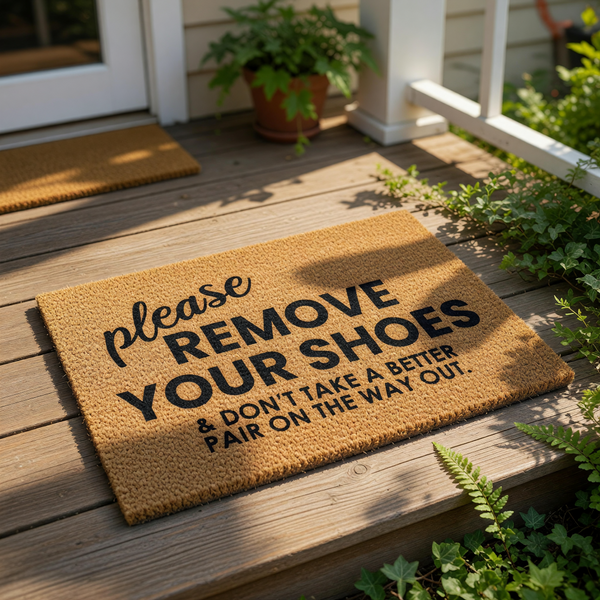 a textured doormat with a humorous message printed on it.