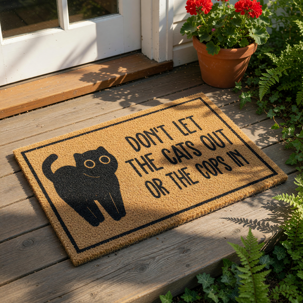 A black cat illustration on a textured doormat with the text "DON'T LET THE CATS OUT OR THE COPS IN" printed on it.