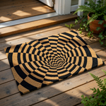 a black and white checkered spiral pattern on a surface, creating an optical illusion of a tunnel or spiral.