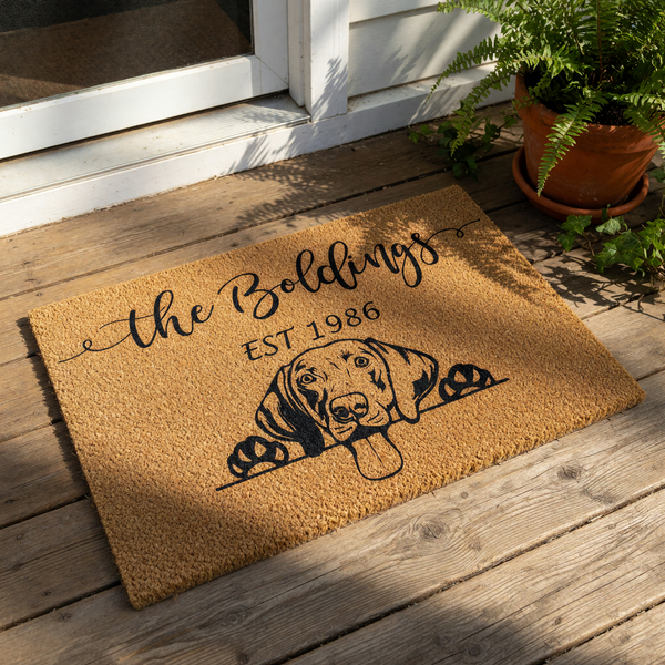 The image is a rectangular, textured area rug with a black and white illustration of a dog's head peeking out from behind a wall.