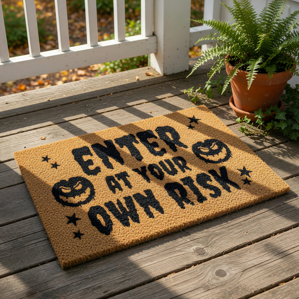 A textured door mat with the text "ENTER AT YOUR OWN RISK" printed on it, along with two jack-o'-lantern-like symbols.