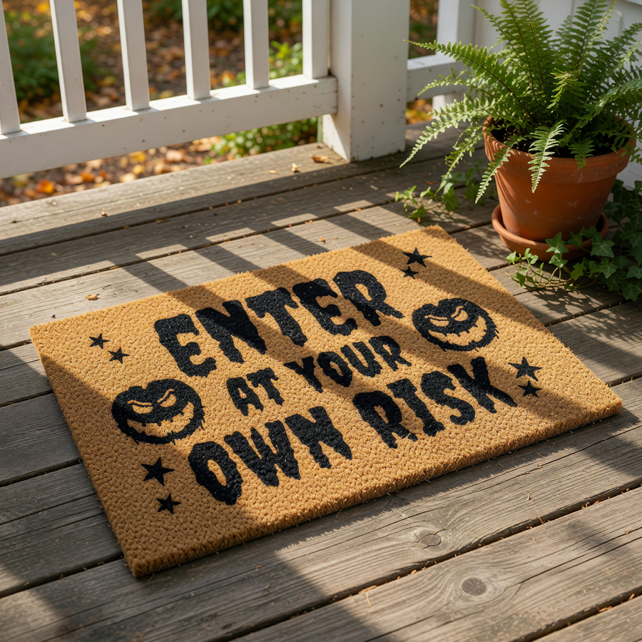A textured door mat with the text "ENTER AT YOUR OWN RISK" printed on it, along with two jack-o'-lantern-like symbols.