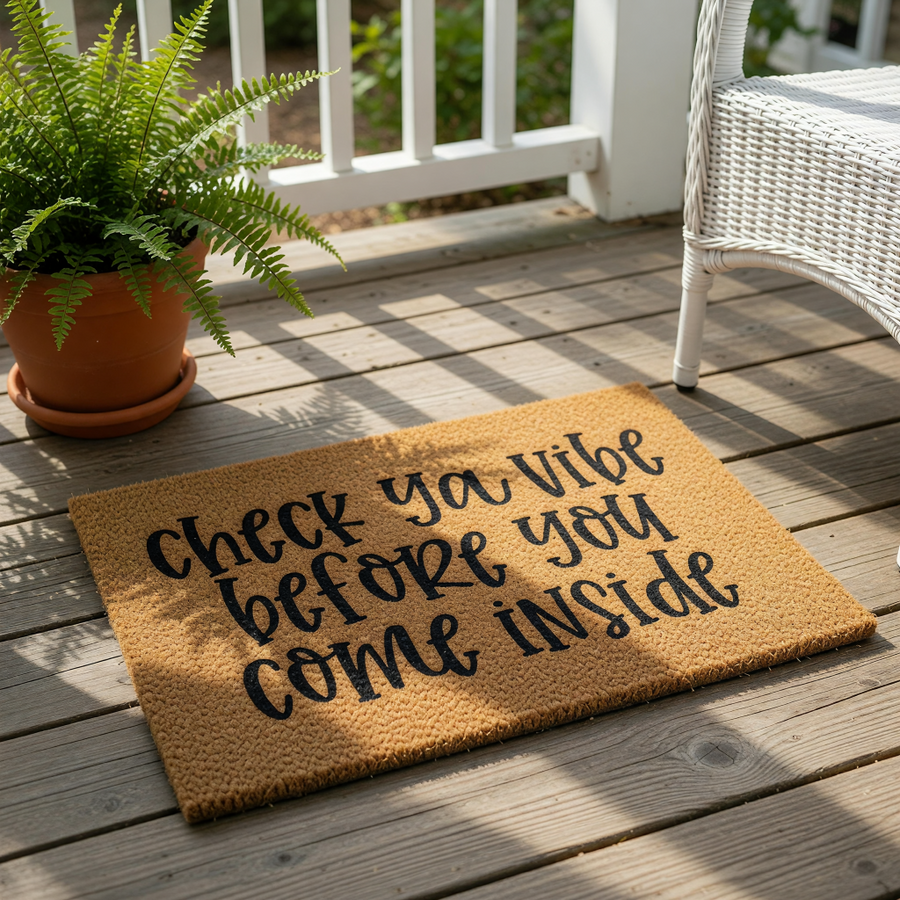 A textured doormat with the message "Check ya Vibe before you come inside" printed on it.