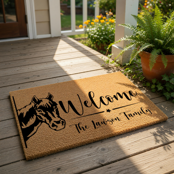 A welcome mat with a black and white illustration of a horse's head and the text "Welcome The Lawson Family" printed on it.