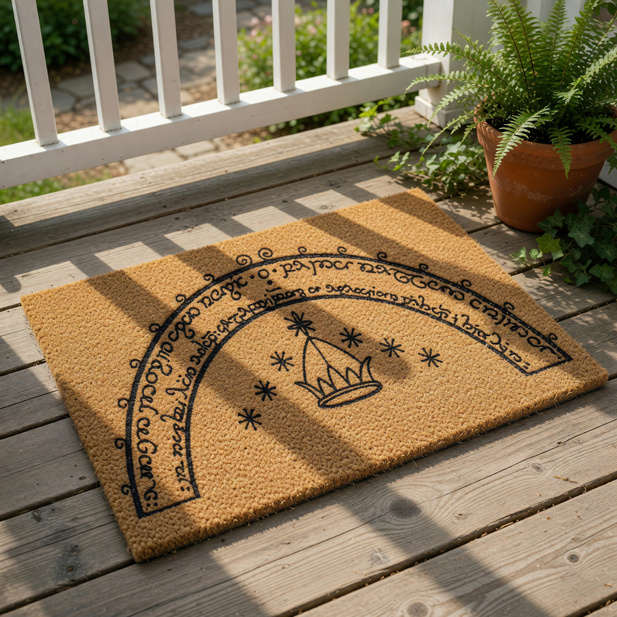 A decorative doormat with an intricate design featuring a crown and stars.