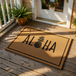 Aloha pineapple doormat featuring a natural coir fiber texture with a black border and tropical fruit design, this outdoor welcome mat serves as a stylish front porch rug for a beach house or summer home entry decor.