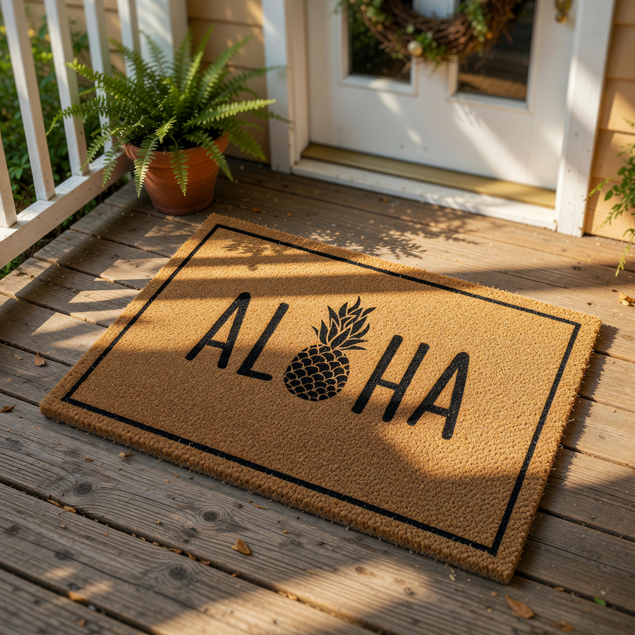 Aloha pineapple doormat featuring a natural coir fiber texture with a black border and tropical fruit design, this outdoor welcome mat serves as a stylish front porch rug for a beach house or summer home entry decor.