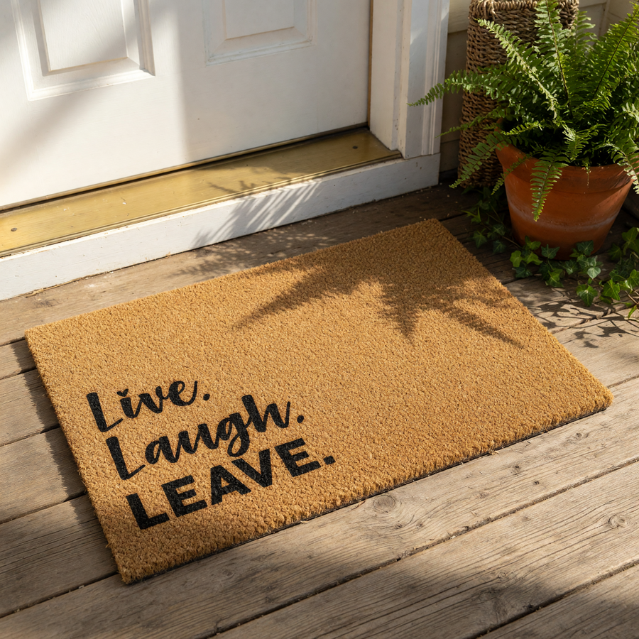 A beige doormat with the text "Live.