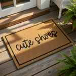 A rectangular, textured doormat with the phrase "cute shoes" written on it in a cursive font.