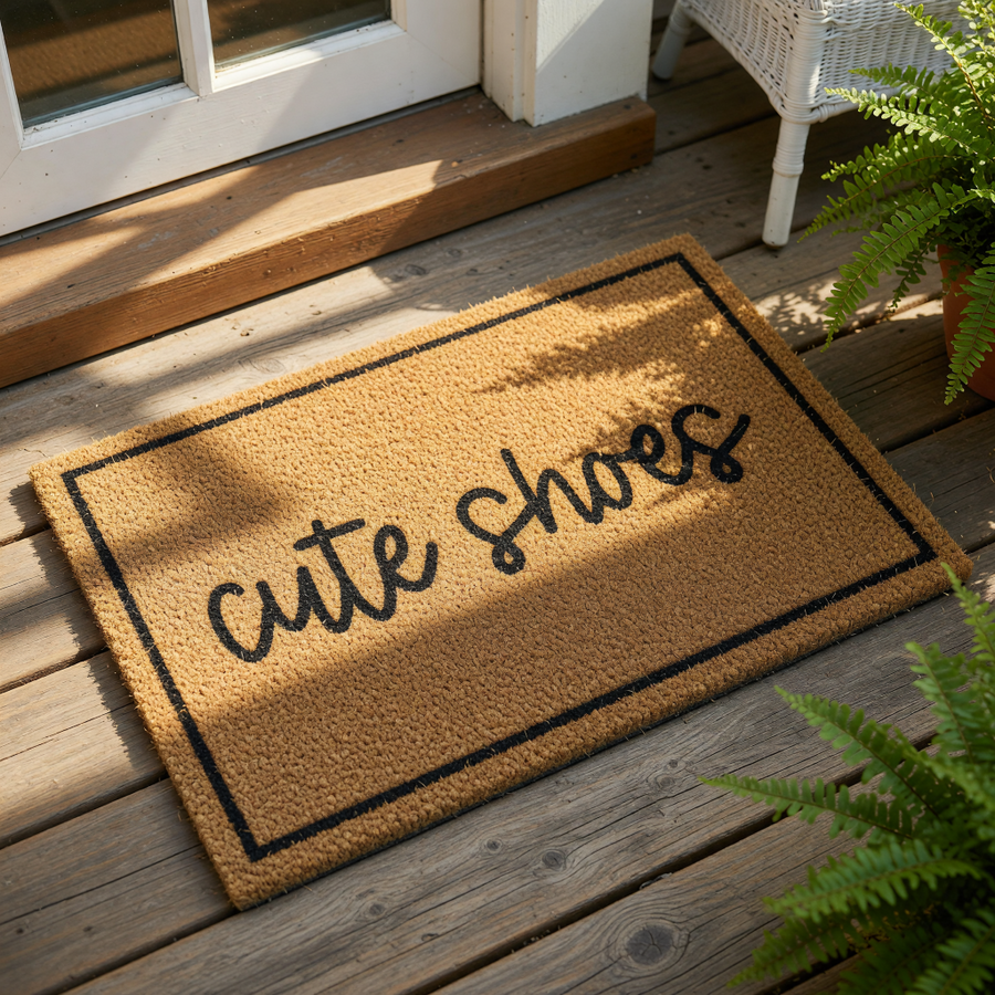 A rectangular, textured doormat with the phrase "cute shoes" written on it in a cursive font.