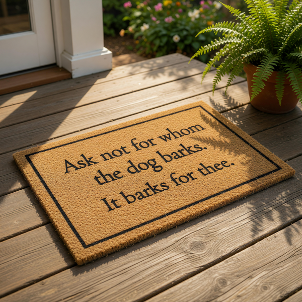 A rectangular doormat with a humorous message printed on it.