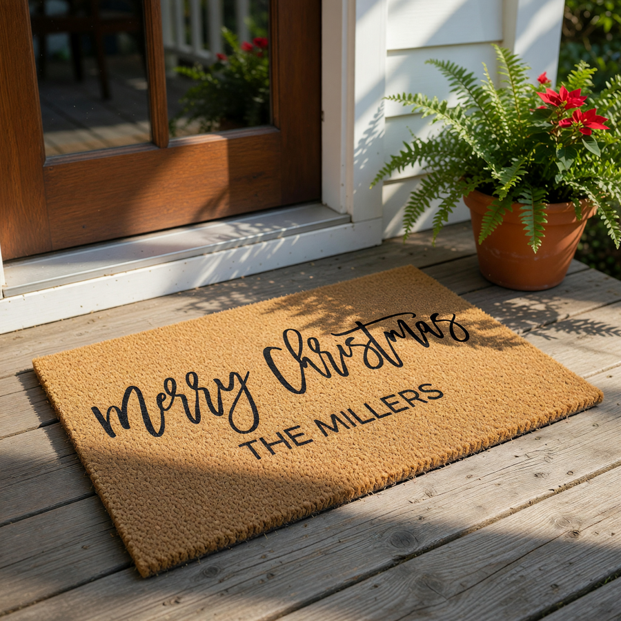 A pair of black boots stands on a decorative doormat with the text "Merry Christmas THE MILLERS" written on it.