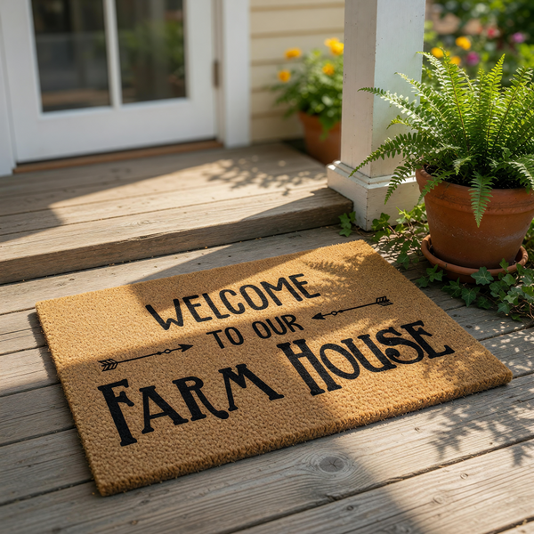 a textured, brown, wooden mat with the text "Welcome to our Farm House" printed on it.