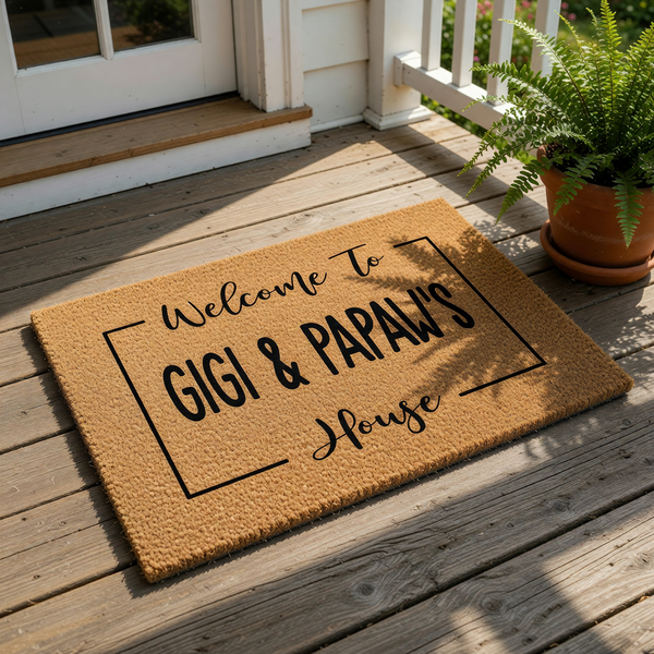 A welcome mat with the text "Welcome To GIGI & PAPAW'S House" printed on it, surrounded by greenery and a straw hat.