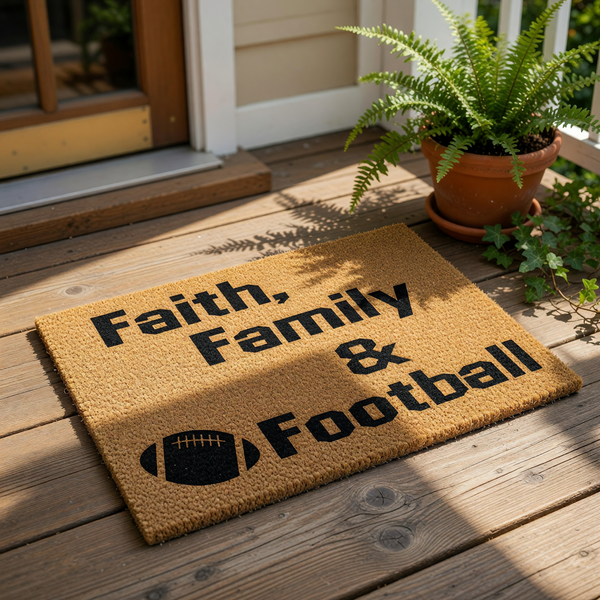 A textured area rug with the words "Faith, Family & Football" printed on it.