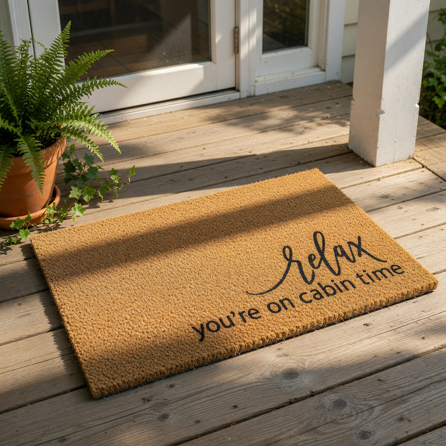 A textured brown doormat with the phrase "relax you're on cabin time" printed on it.