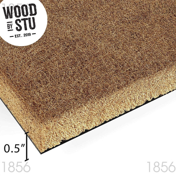 a close-up of a straw mat or straw-like material, with the text "WOOD BY STU" prominently displayed above it.