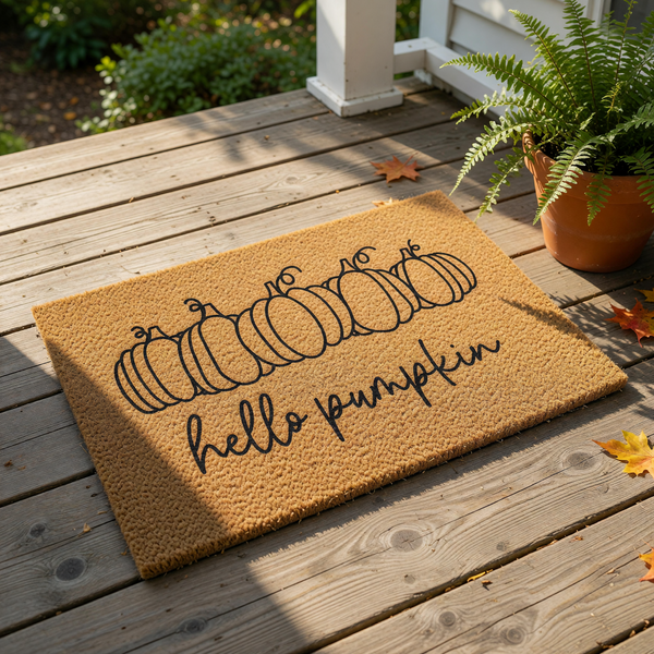 A textured door mat with a line of stylized pumpkins and the phrase "Hello pumpkin" written on it.