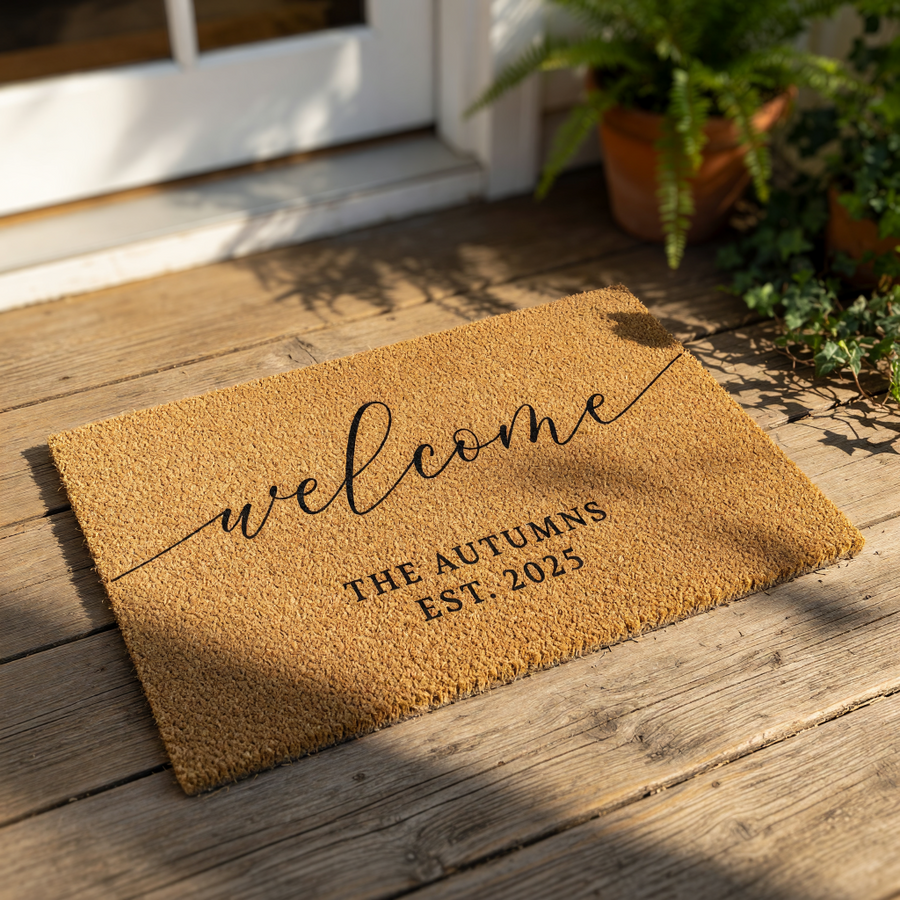 A personalized welcome mat with the text "Welcome The Gussers EST. 2023" printed on it, placed on a brick floor next to a pair of feet and some potted plants.