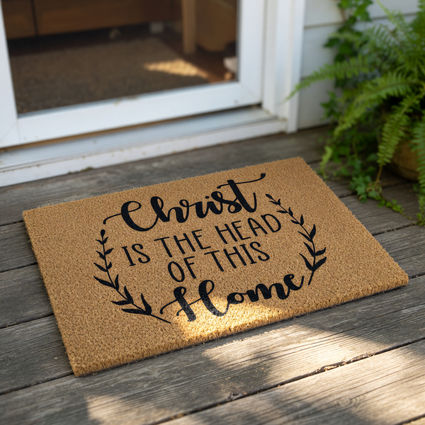 A textured area rug with the phrase "Christ is the head of this home" printed on it.