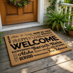 a welcome mat with various welcome phrases in different languages, including "Welcome", "Bienvenido", "Aloha", "Baruch Haba", "Valkommen", "Willkommen", "Mire se Vijen", "Salamat Datang", "Bénvenuto", "Yakosso", "Aloha", "Bem-windo", "Valkommin", "Bénvindo", "Valkommen", "Tere Tillemast", and "Vikings".