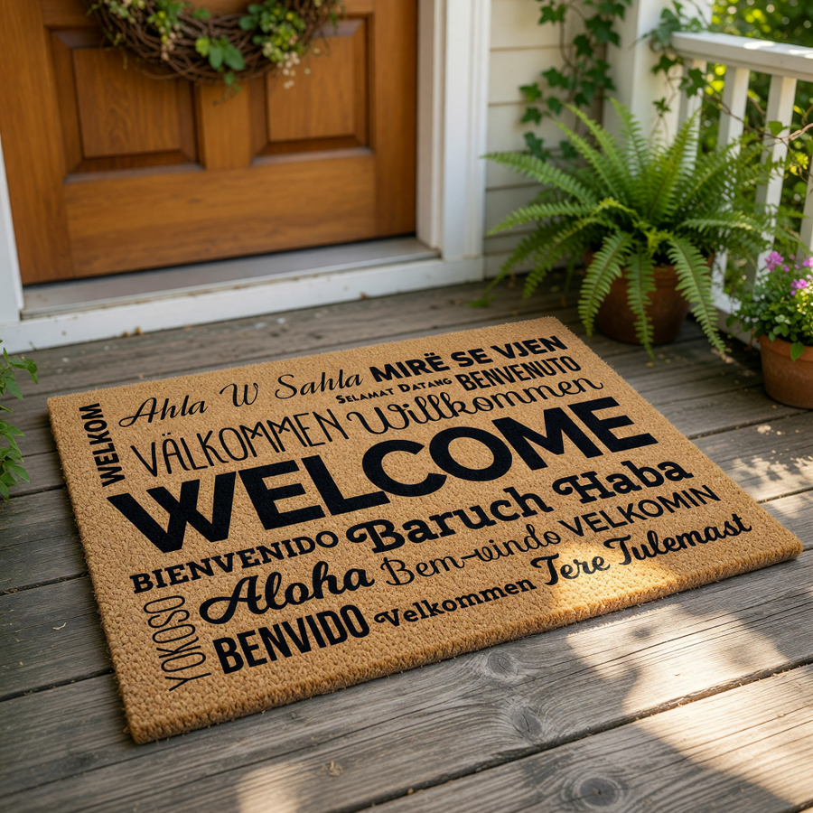 a welcome mat with various welcome phrases in different languages, including "Welcome", "Bienvenido", "Aloha", "Baruch Haba", "Valkommen", "Willkommen", "Mire se Vijen", "Salamat Datang", "Bénvenuto", "Yakosso", "Aloha", "Bem-windo", "Valkommin", "Bénvindo", "Valkommen", "Tere Tillemast", and "Vikings".