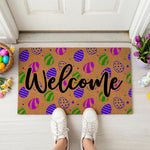 a welcome mat sitting on top of a brick floor