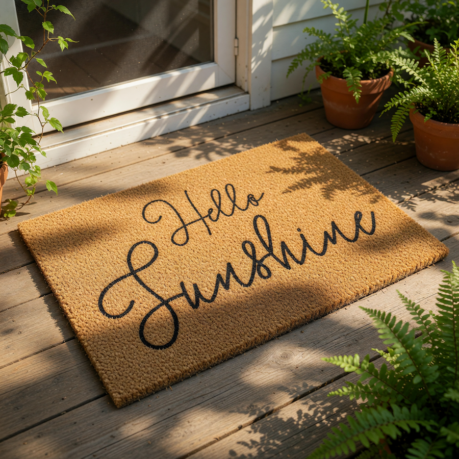 A textured doormat with the phrase "Hello Sunshine" written on it in a cursive font.