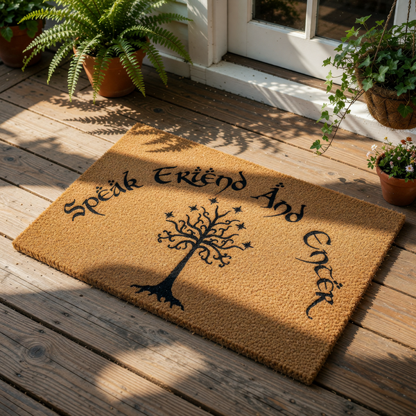 A rectangular door mat with the text "Speik Eiend And Encoder" printed on it, along with a tree design.