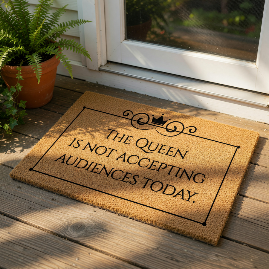 A textured doormat with a decorative border and a crown design.