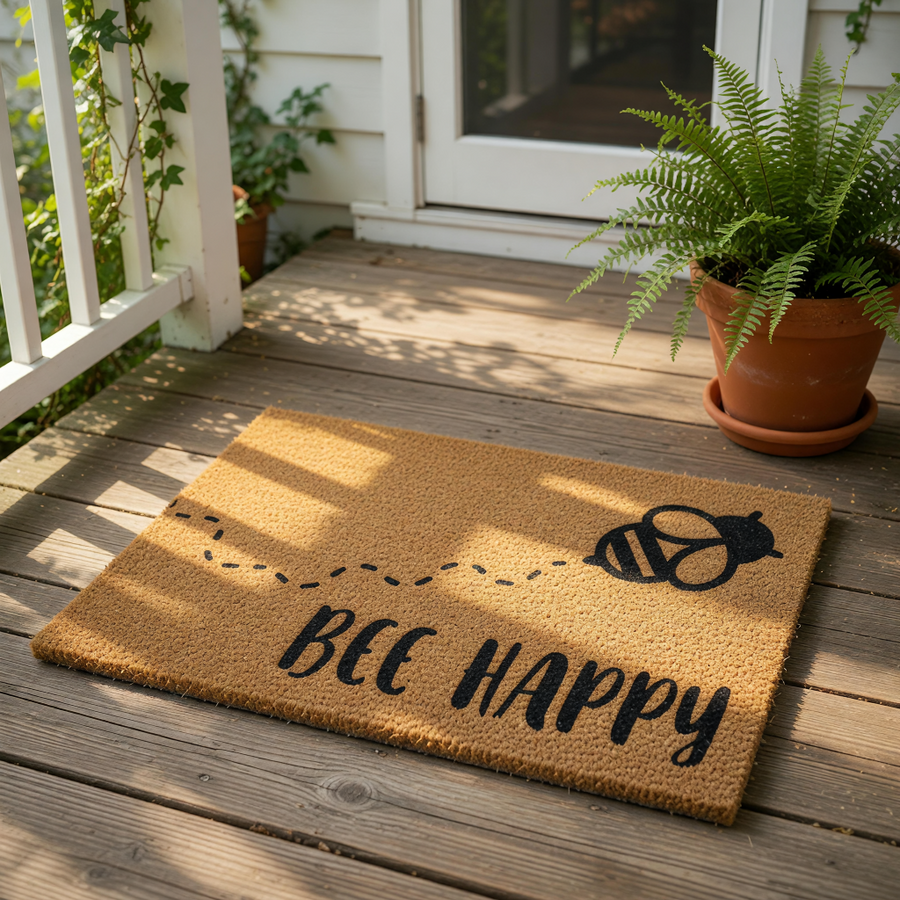 A beige doormat with a black bee and the text "BEHAPPY" printed on it.