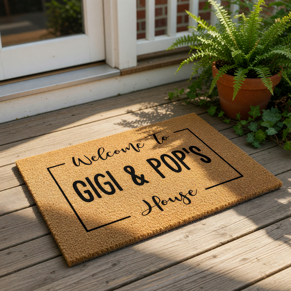 a welcome mat with the text "Welcome To GIGI & POP'S House" written on it, surrounded by various holiday decorations such as ornaments, pine cones, and a small Christmas tree.