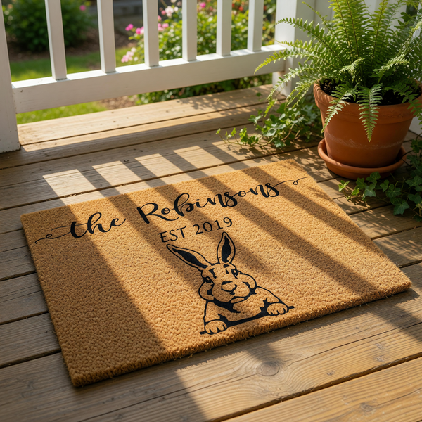 A black and white illustration of a rabbit on a textured surface, with the text "The Robinsons EST 2019" printed above it.