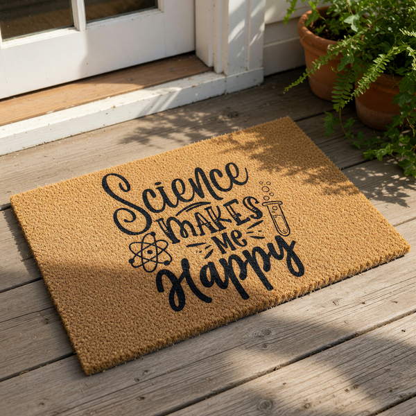 A textured area rug with the phrase "Science makes me happy" printed on it, along with a small illustration of a laboratory setting.