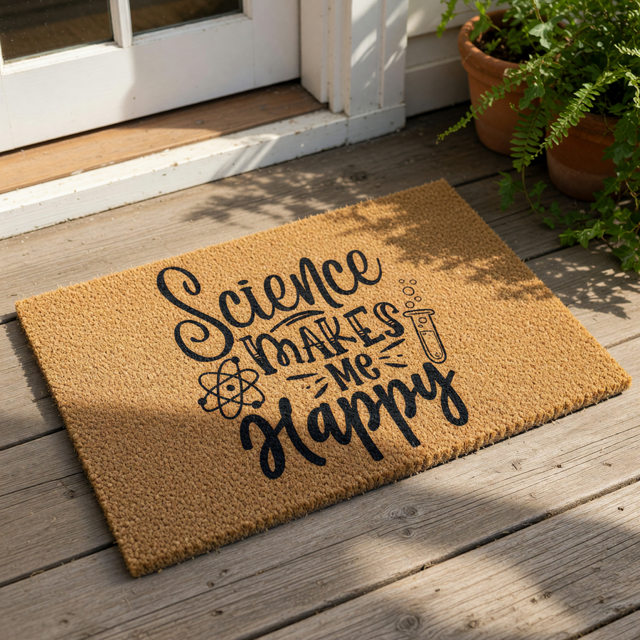 A textured area rug with the phrase "Science makes me happy" printed on it, along with a small illustration of a laboratory setting.