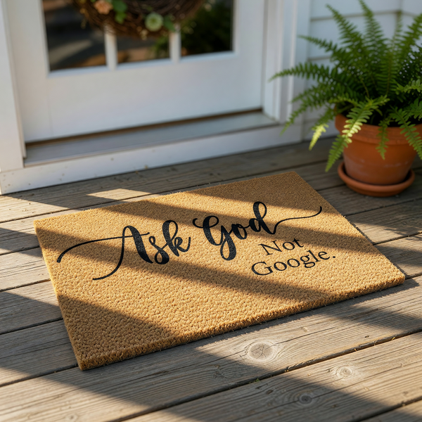 A textured area rug with the phrase "Ask God Not Google" printed on it.